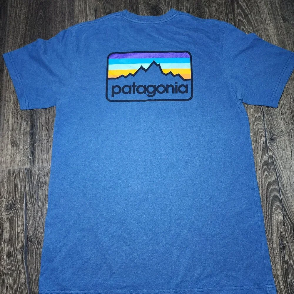 Patagonia Shirt Mens Medium Blue Logo Organic Cotton Tee Recycled Polyester - Picture 2 of 4